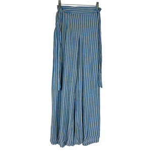 Angie Blue White Stripe Rayon Pants Sz M Elastic Back Tie Waist Pockets